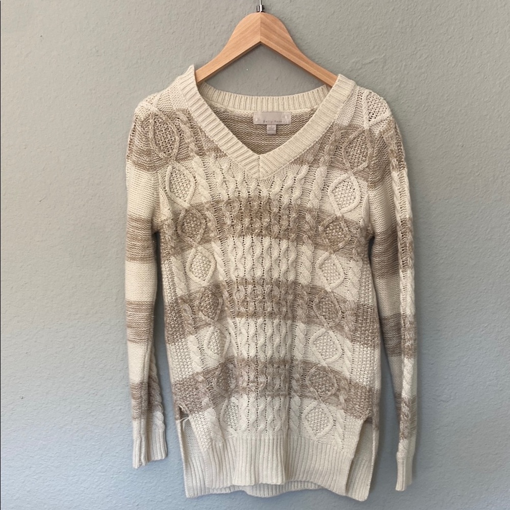 Emily Rose Cream and Tan V-Neck Sweater with Cable Knit